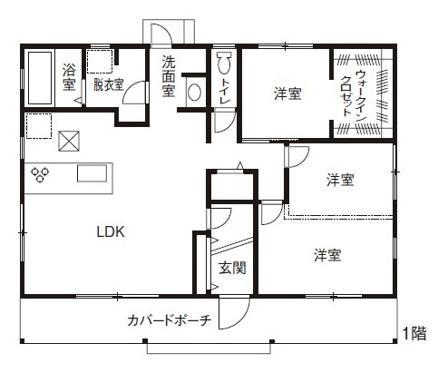 延床面積79平米・３LDK。DKは、約28平米。ウォークインクローゼットのある洋室が夫妻の寝室で、玄関側の２室はもともとつながっていたが、点線部分にDIYで壁を新設し、別々の部屋として使っている（写真撮影／JKホーム）